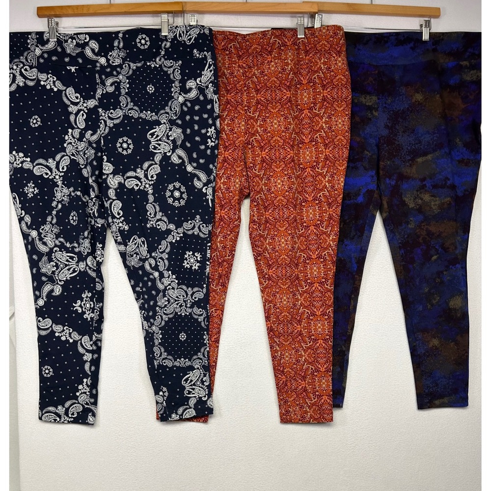 Boho Casual Terra & Sky Womens 3X Navy Orange Blue Paisley Leggings Bundle
